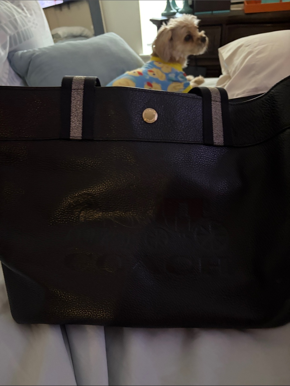Coach Black Tote with Silver Trim and Snap Closure